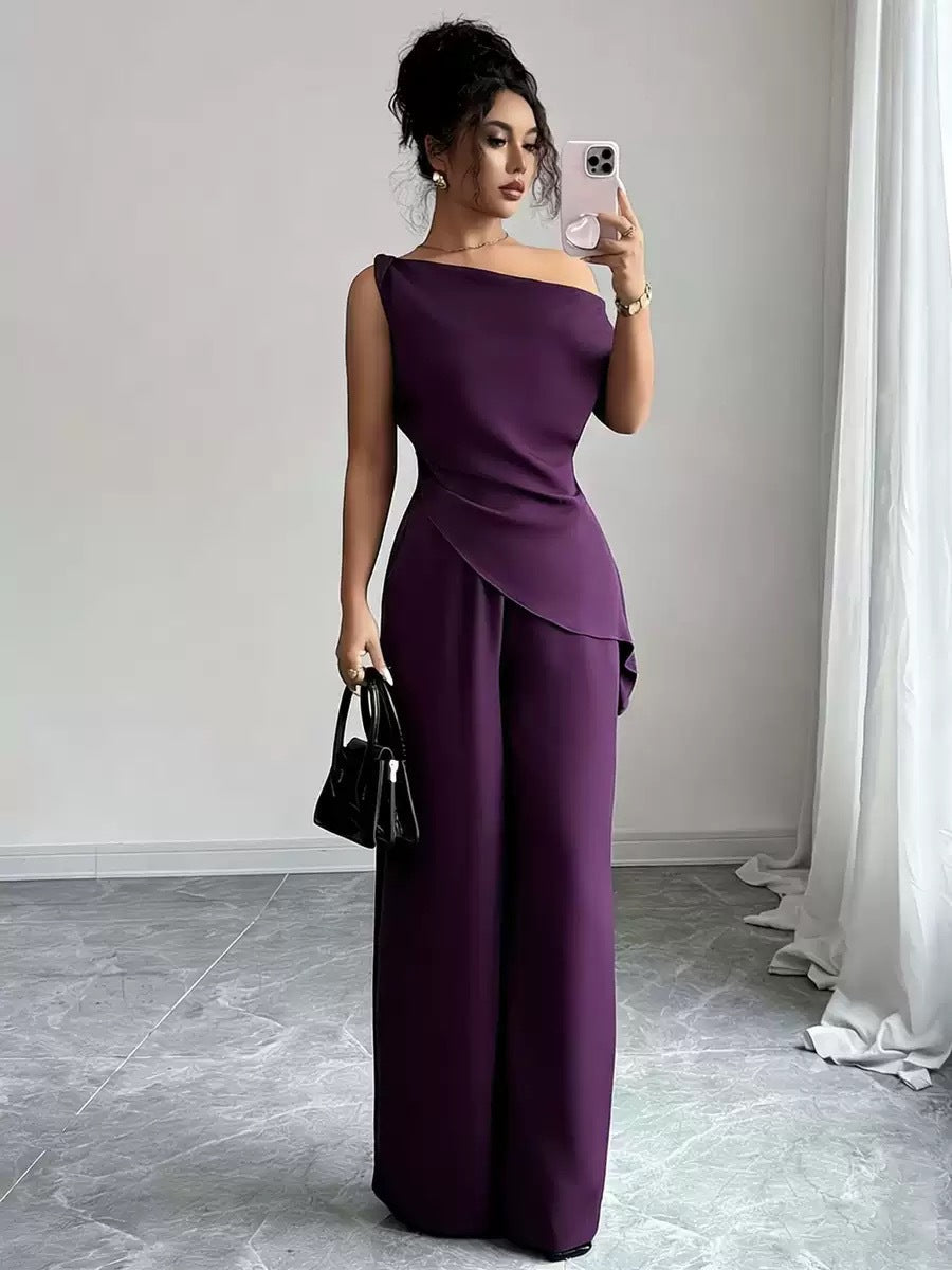 One-Shoulder Asymmetric Top & Wide-Leg Pants 2-Piece Co-ord Set