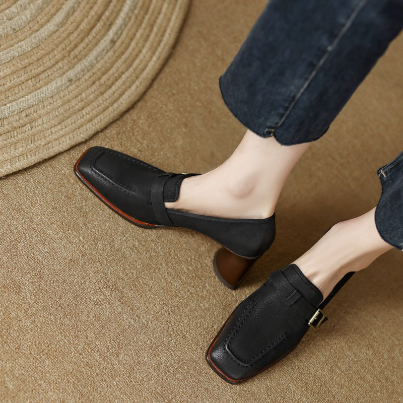 Women's Retro British Style Chunky Heel Leather Pumps - Image 5