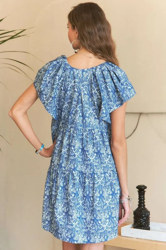 Blue and White Floral Print V-Neck Ruffle Sleeve Mini Dress