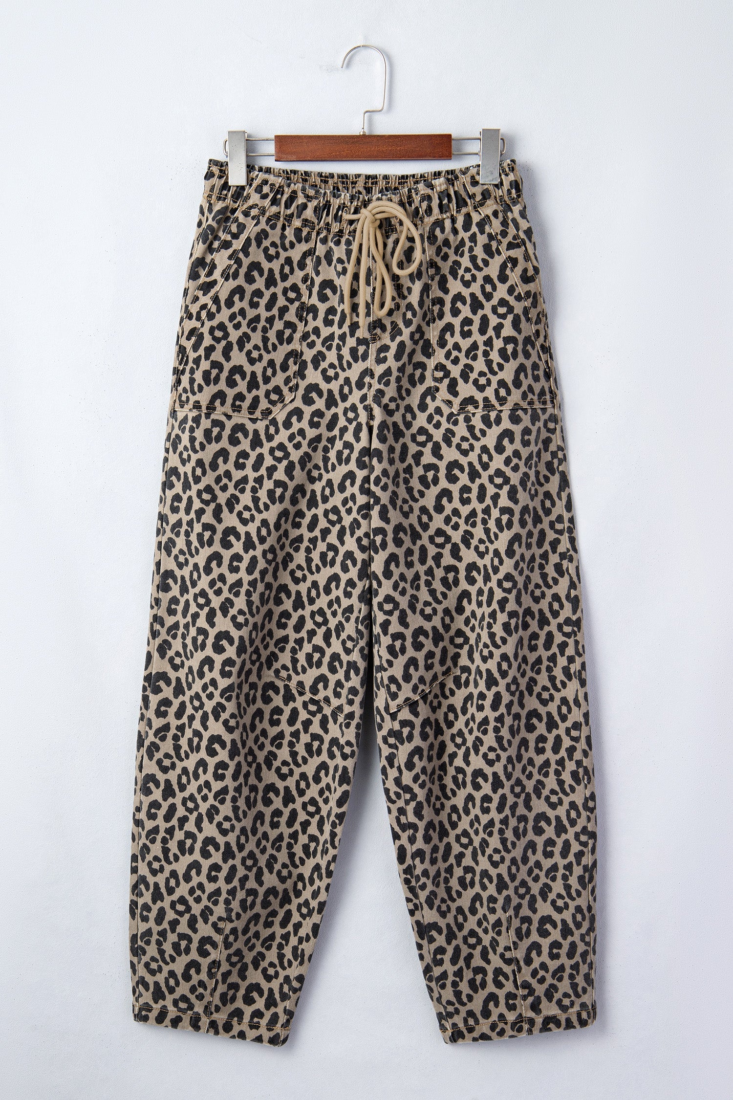 Khaki Leopard Print Drawstring Denim Pants with Pockets