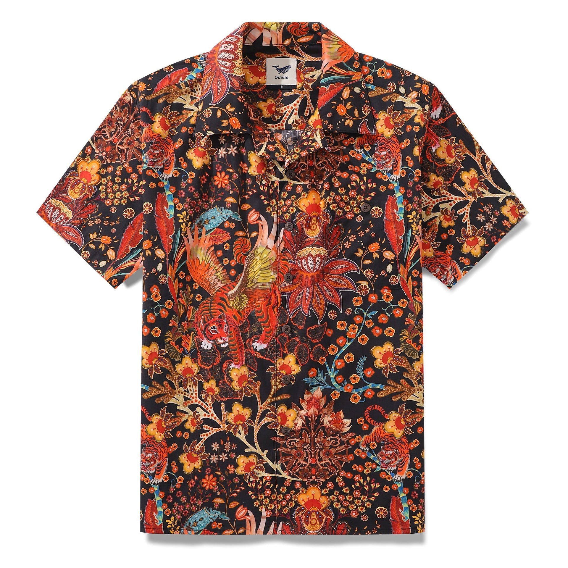 Black Hawaiian shirt featuring a winged tiger and floral print in yellow, red, and orange.