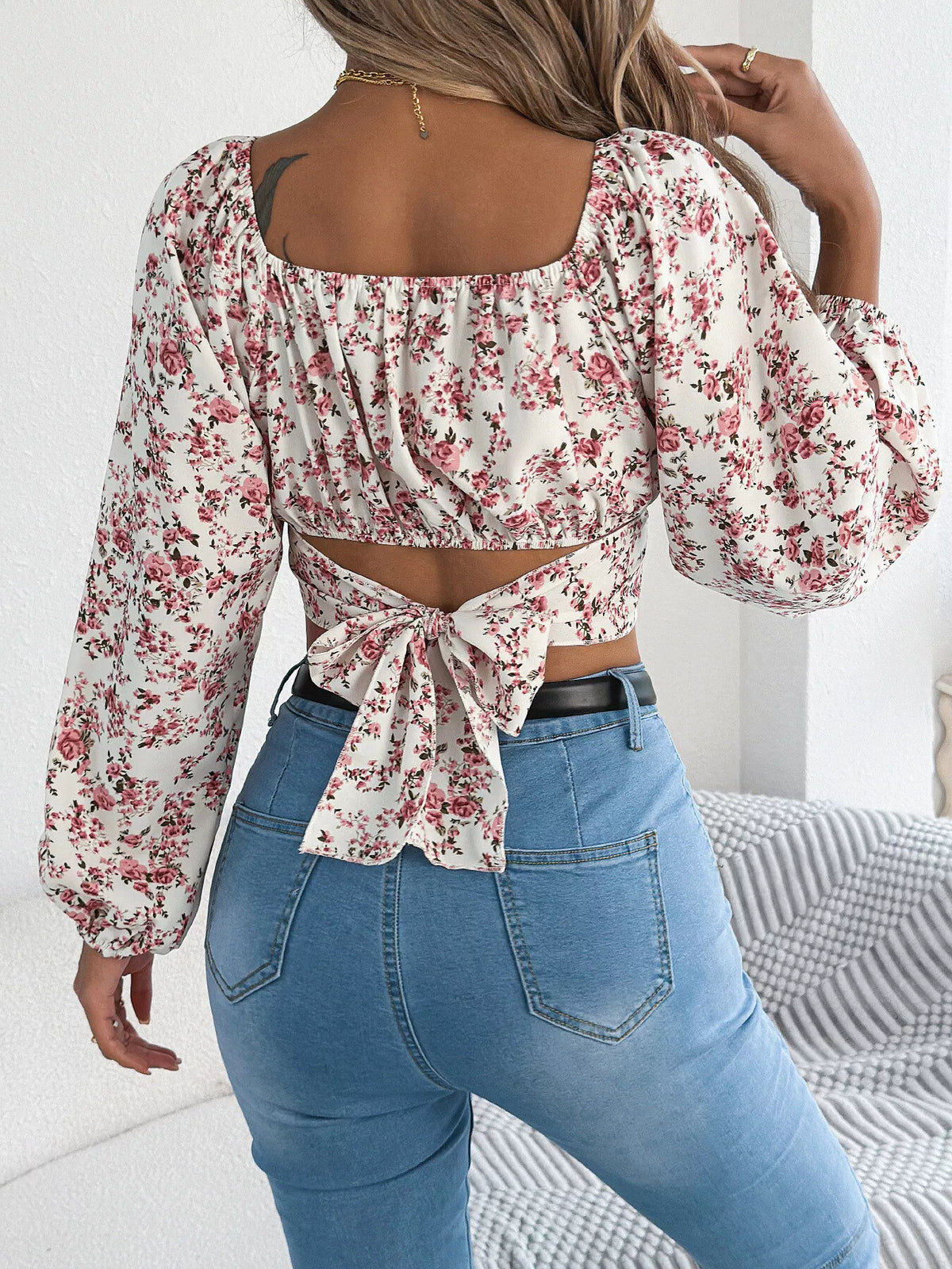 Floral Balloon Sleeve Square Neck Crop Blouse
