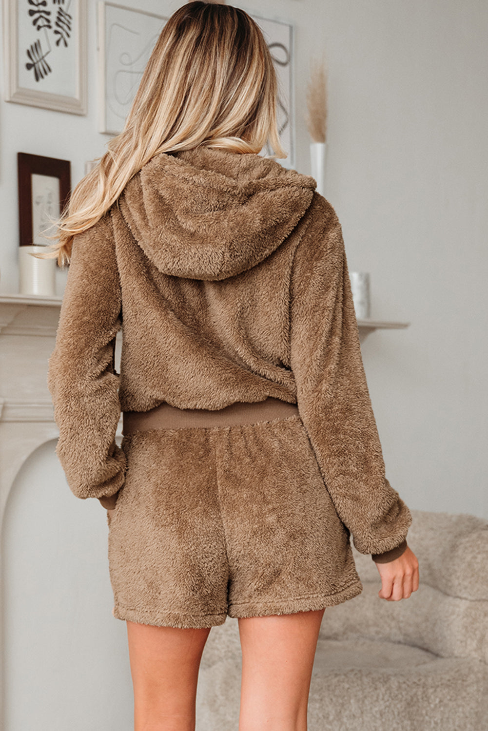Women's Brown Sherpa Zip Up Hoodie and Drawstring Shorts Set