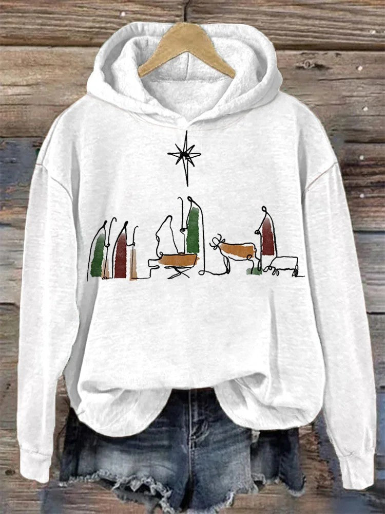 Women's Casual Graphic Hoodie Beige Cat Print Pullover Sweatshirt - Image 4