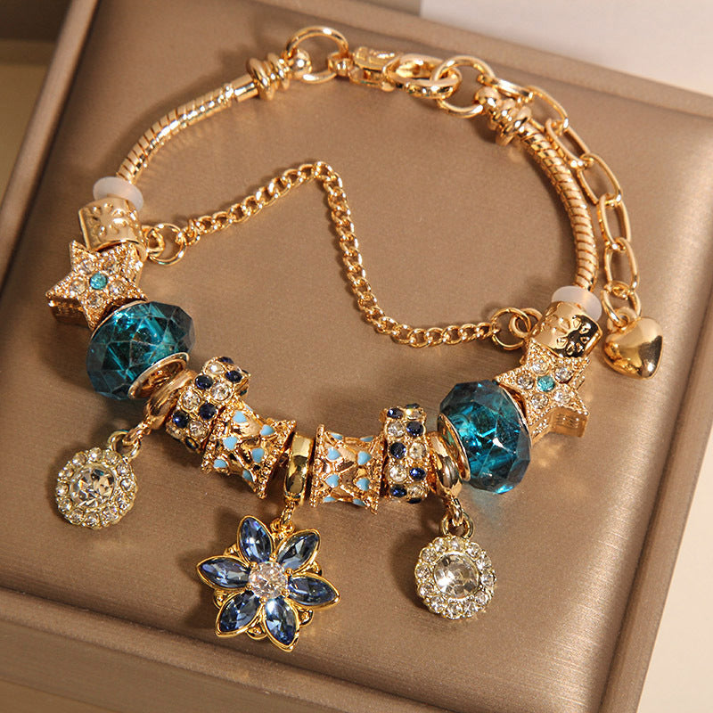 Womens Star And Flower Pendant Blue Crystal Bracelet