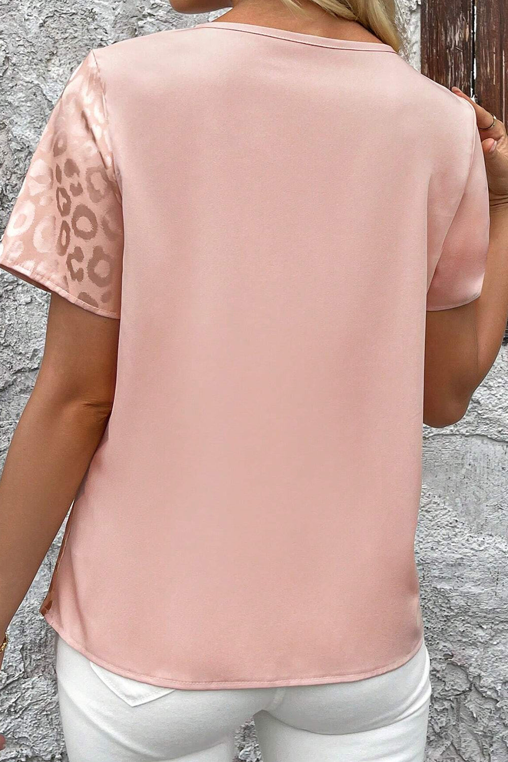 Apricot Pink Leopard Patchwork Cross Strappy V-Neck Blouse