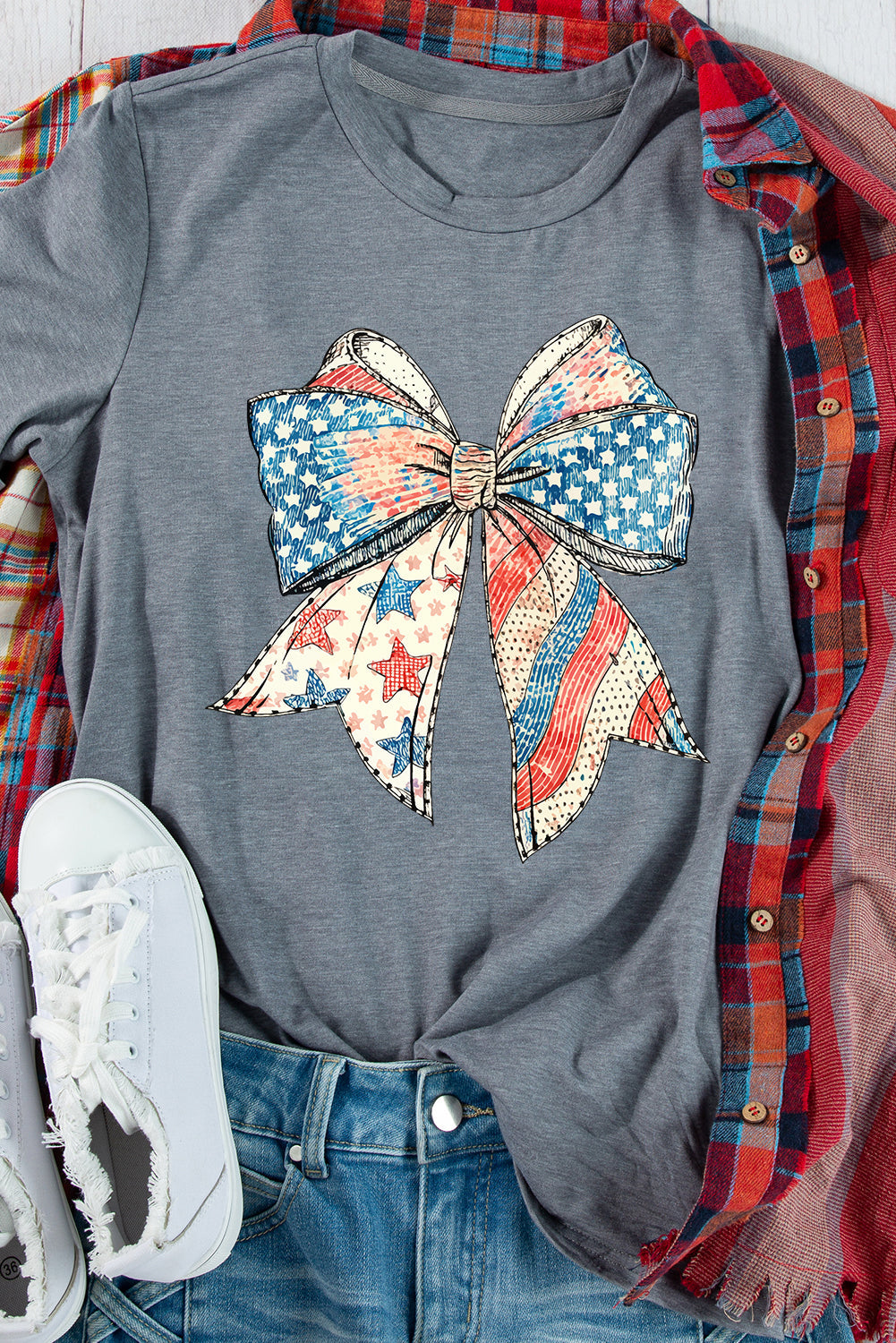 Gray USA Flag Bow Print Round Neck Loose T-Shirt