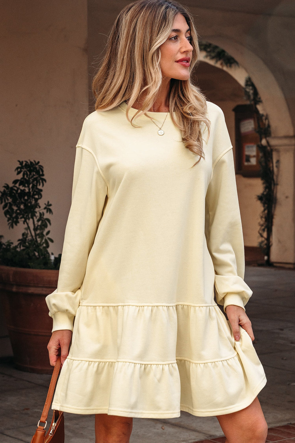 Yellow Loose Fit Mini Dress with Drop Shoulder and Ruffled Hem