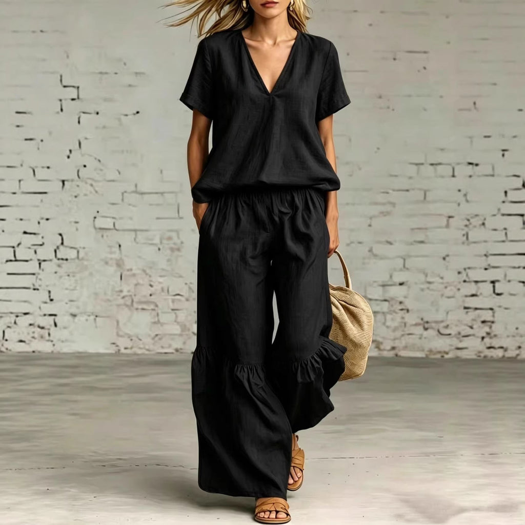 V-Neck Short Sleeve Top and Ruffled Hem Pants Set - Image 4