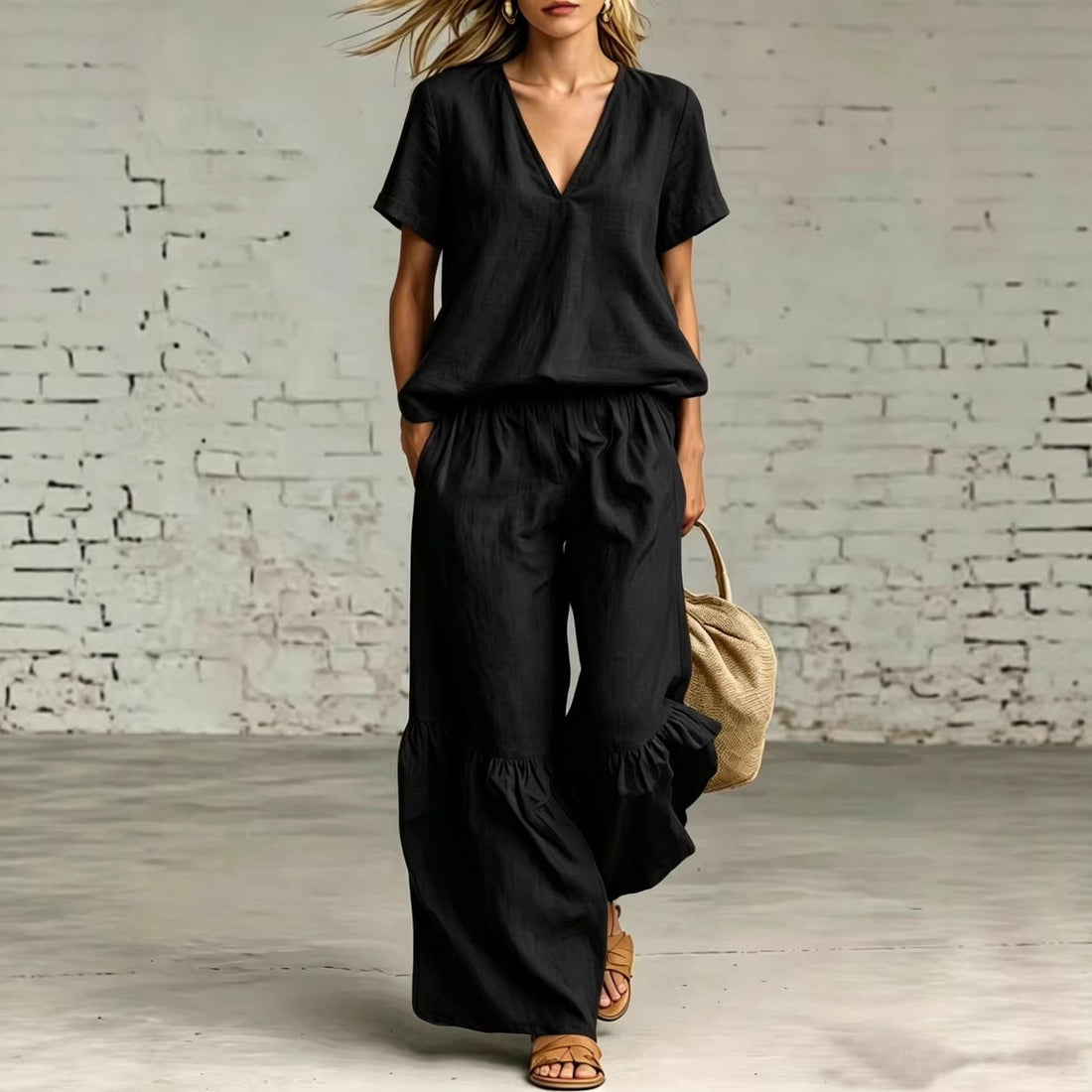 V-Neck Short Sleeve Top and Ruffled Hem Pants Set - Image 4