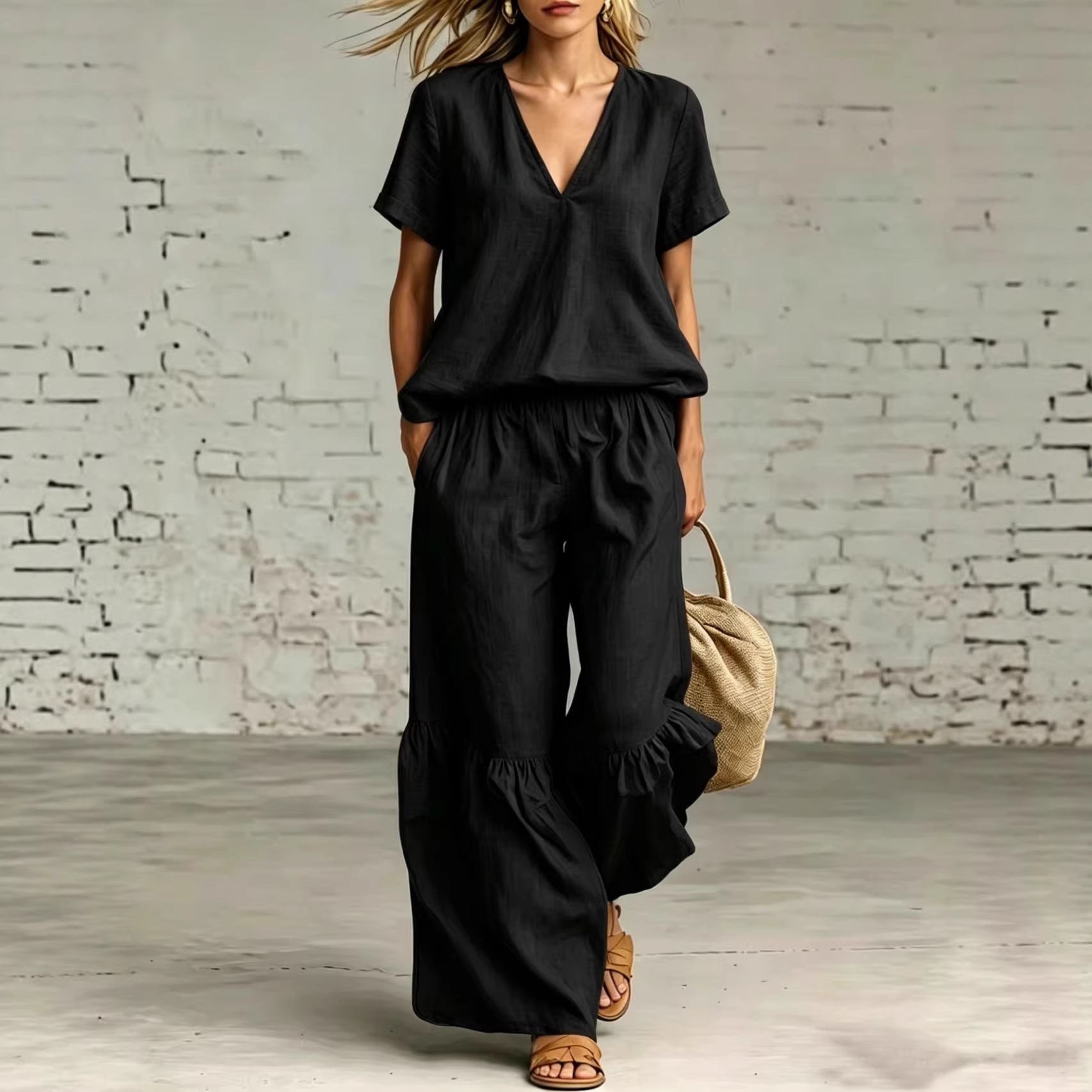 V-Neck Short Sleeve Top and Ruffled Hem Pants Set - Image 4