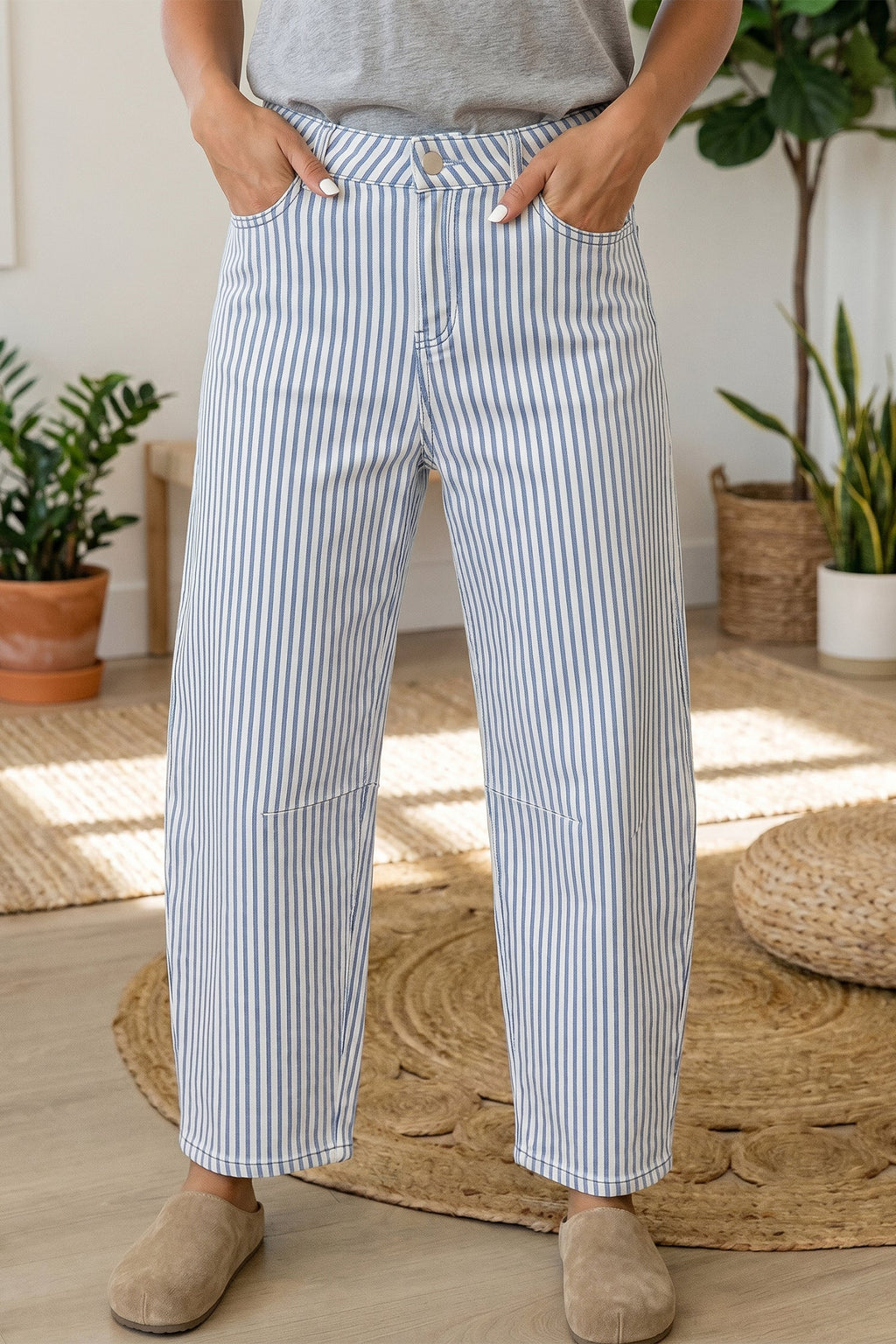 Model wearing Icelynn Stripe Casual Barrel Jeans in white and blue pinstriped denim with a high-rise wide-leg fit.