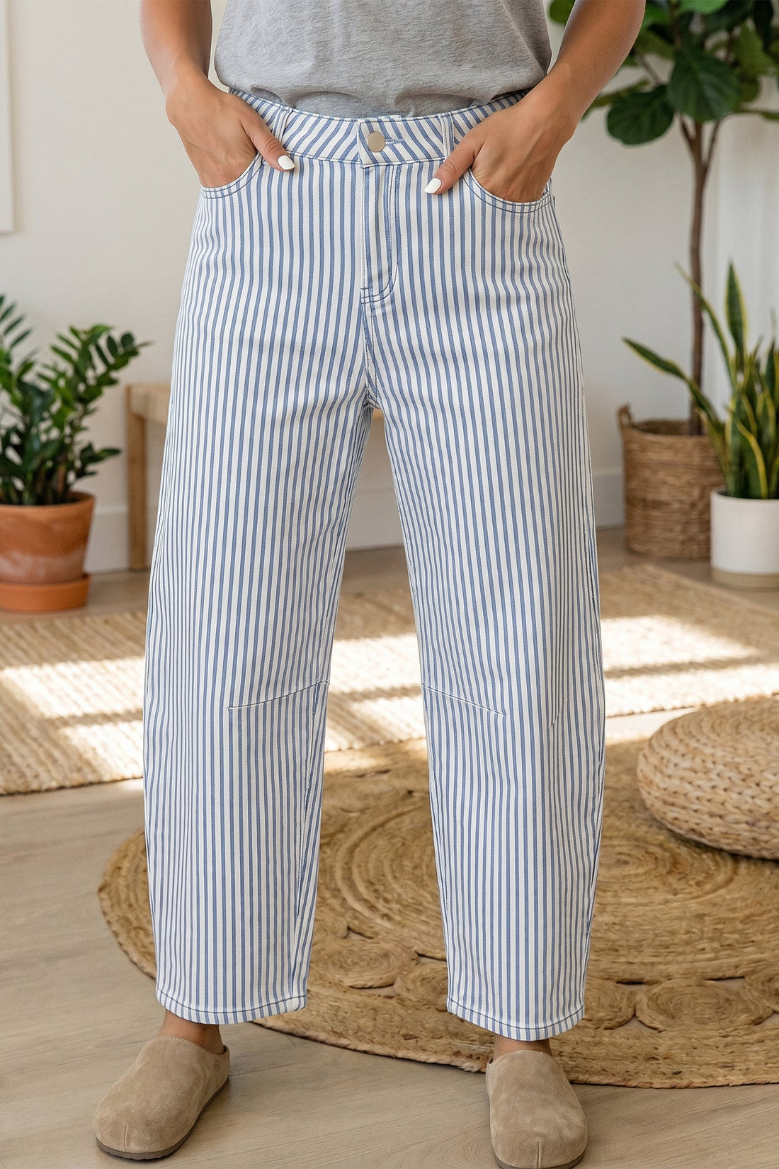 Model wearing Icelynn Stripe Casual Barrel Jeans in white and blue pinstriped denim with a high-rise wide-leg fit.