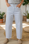 Model wearing Icelynn Stripe Casual Barrel Jeans in white and blue pinstriped denim with a high-rise wide-leg fit.
