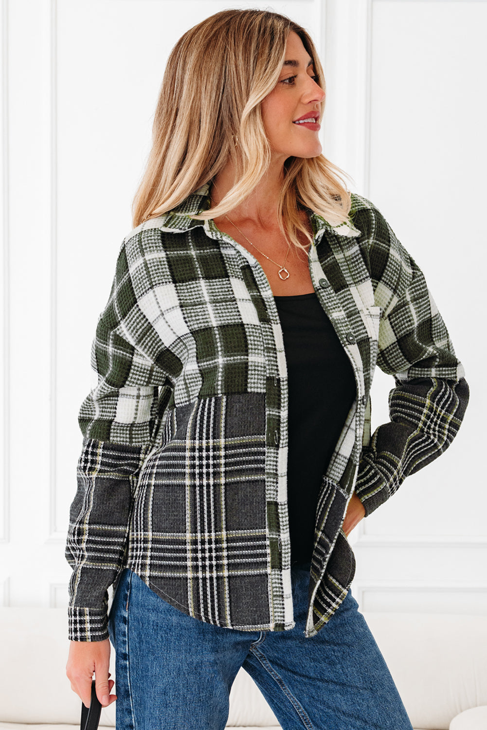 Plaid Textured Knit Button-Up Shacket