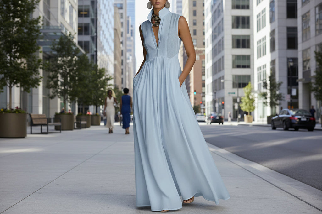 Women's Sleeveless Stand Collar Maxi Dress with Pockets - Image 4