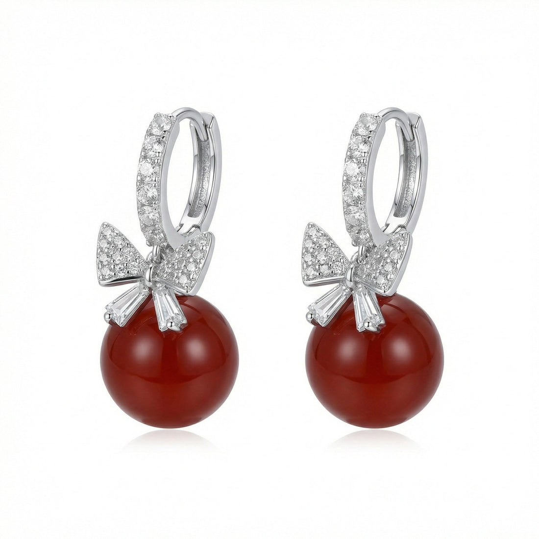 Red Agate and Crystal Bowknot Drop Hoop Earrings in Sterling Silver