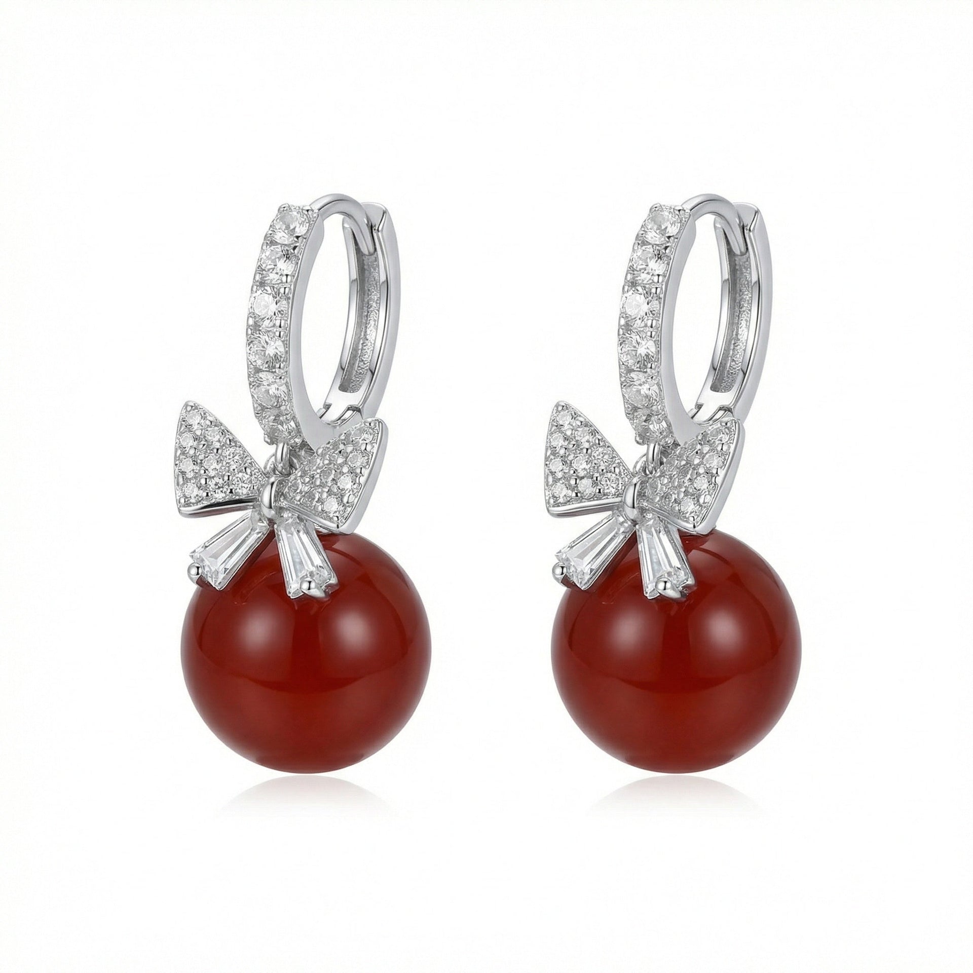 Red Agate and Crystal Bowknot Drop Hoop Earrings in Sterling Silver
