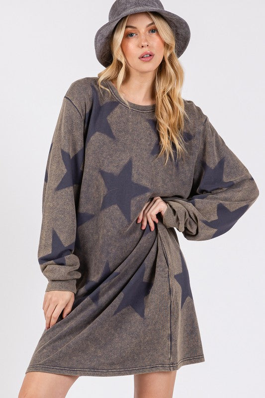 Modern Cotton Star Print Round Neck Casual Lounge Dress