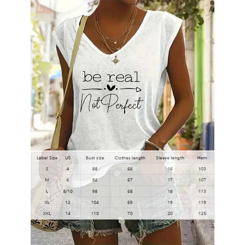 Women's Be Real Not Perfect Slogan Print V-Neck Casual T-Shirt
