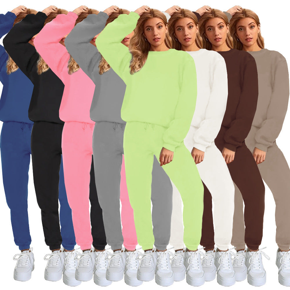 Women's Solid Color Round Neck Pullover Sweatshirt & Jogger Set - Image 3