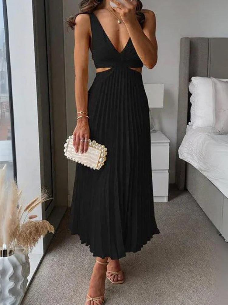Women's V-Neck Backless Pleated Suspender Dress - Hollow Waist