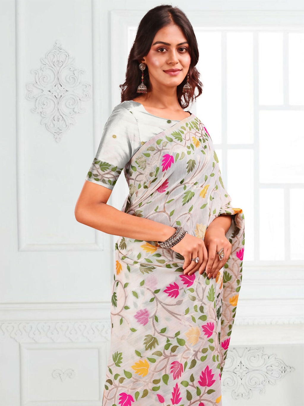 White Linen Cotton Saree with Matching Blouse Piece