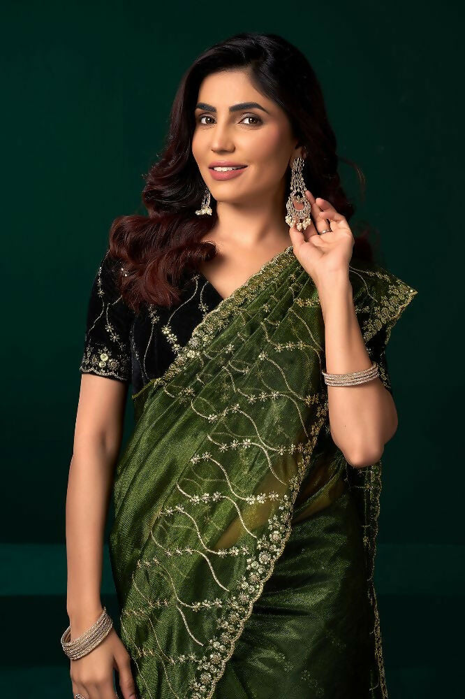 Green Net Party Wear Saree with Black Velvet Blouse