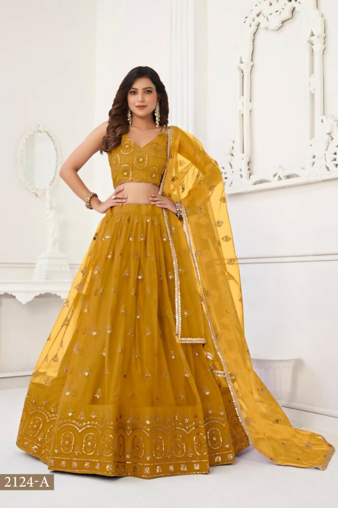 Mustard Yellow Butterfly Net lehenga choli with ornate sandwich sequence embroidery.