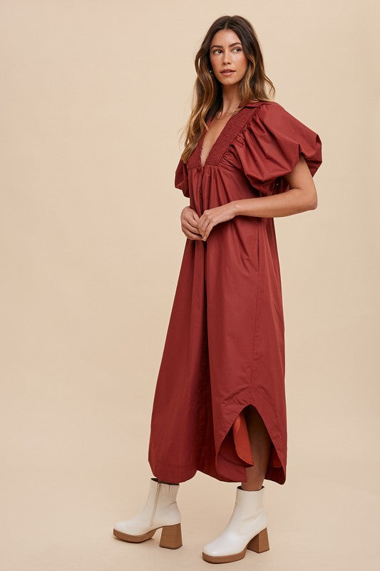 Smocked Puff Sleeve Midi Dress with Feminine Silhouette