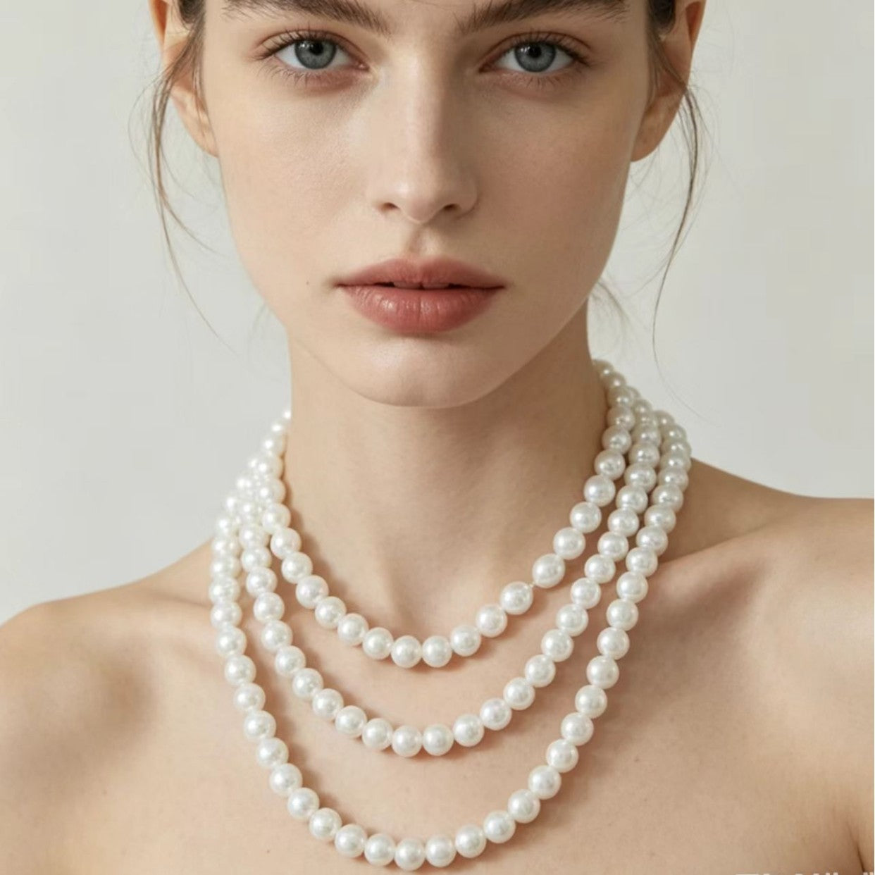 Elegant white multi-strand imitation pearl necklace in a Chanel-inspired design.
