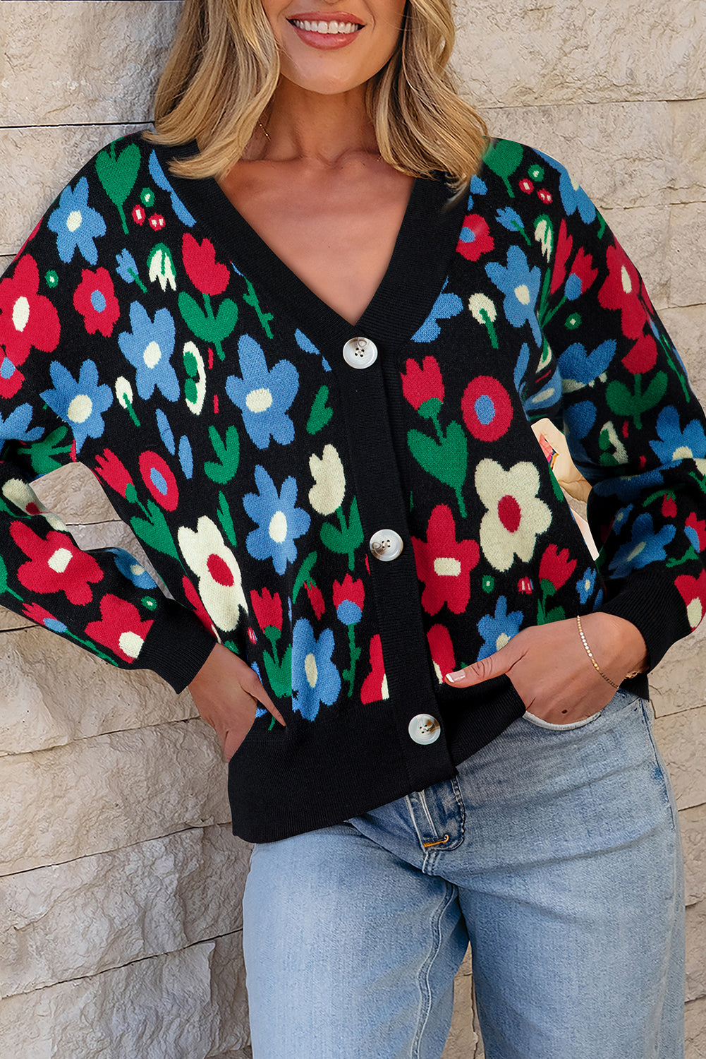 Zariah Floral Print V-Neck Short Cardigan Sweater Button Down