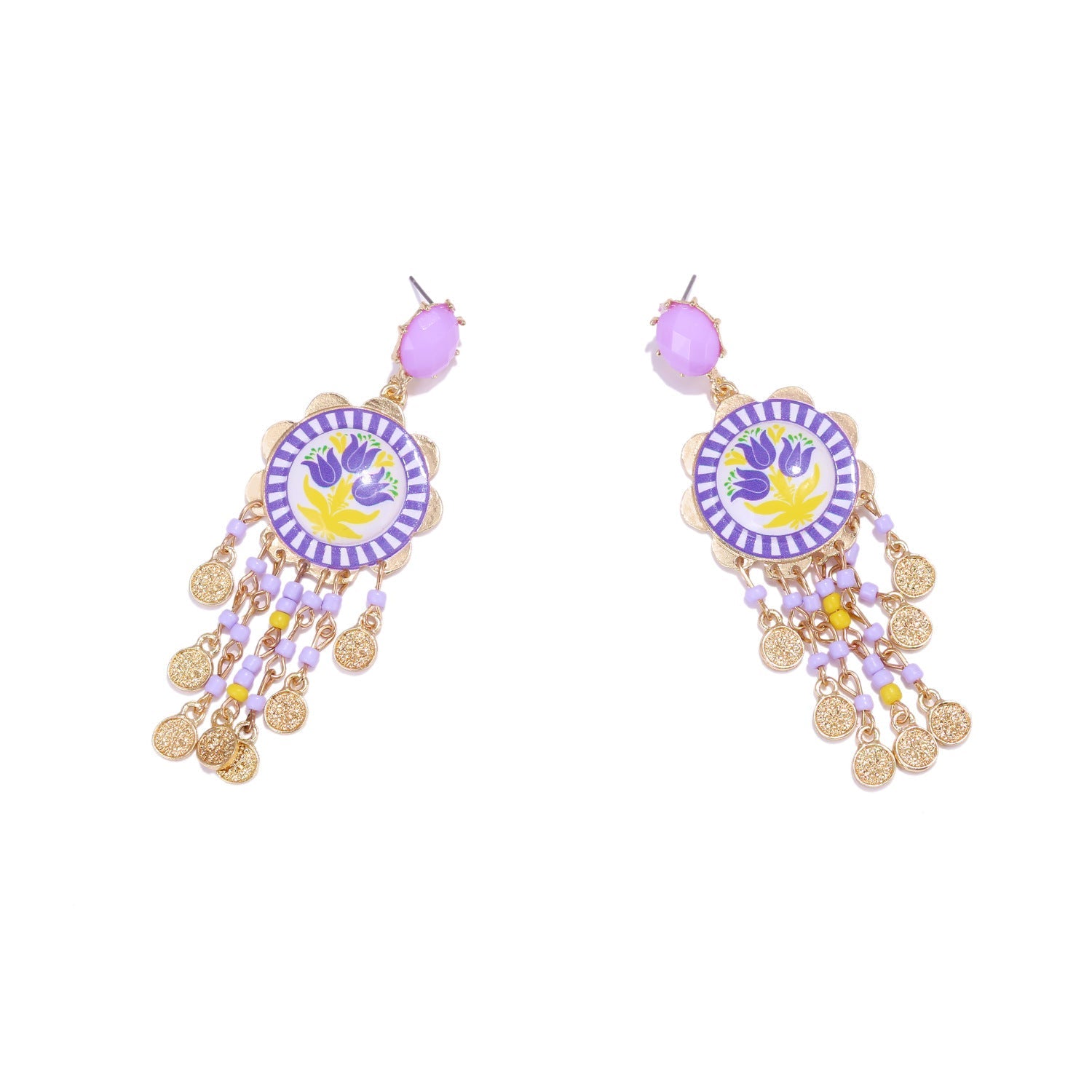 Waterfall Tassel Tulip-Print Earrings, Bohemian Statement Jewelry