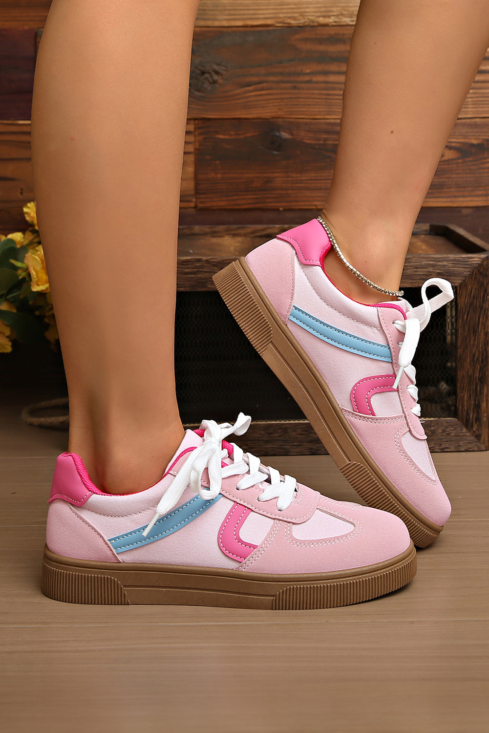 Pink Striped Patchwork Lace Up Sneakers | PU Leather