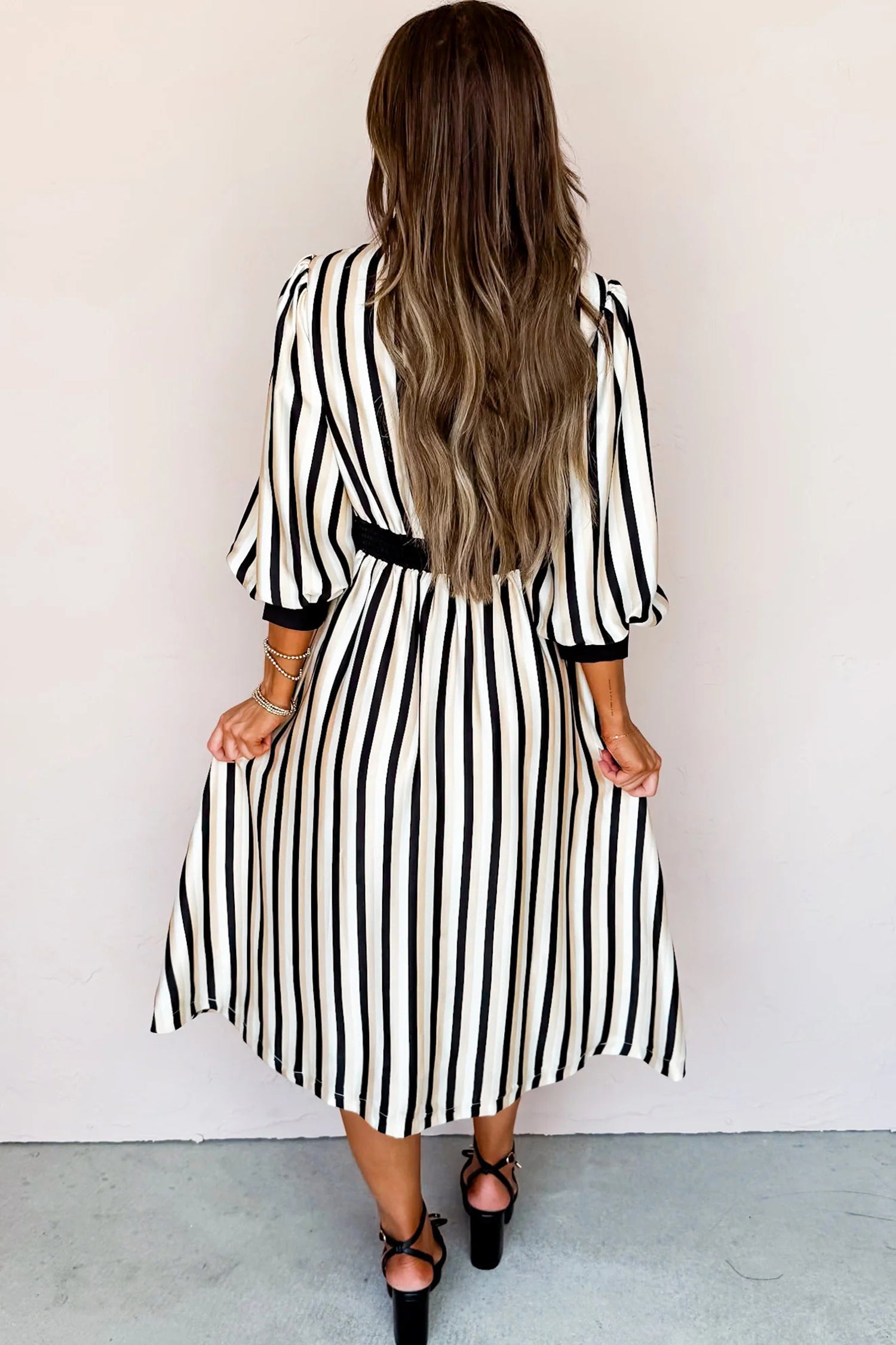 Black Stripe 3/4 Puff Sleeve Button Down Midi Dress