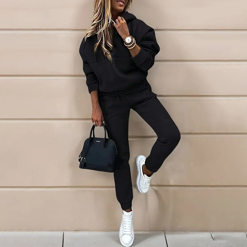 Women's Solid Color Hooded Sweatshirt and Slim Jogger Set - Image 9