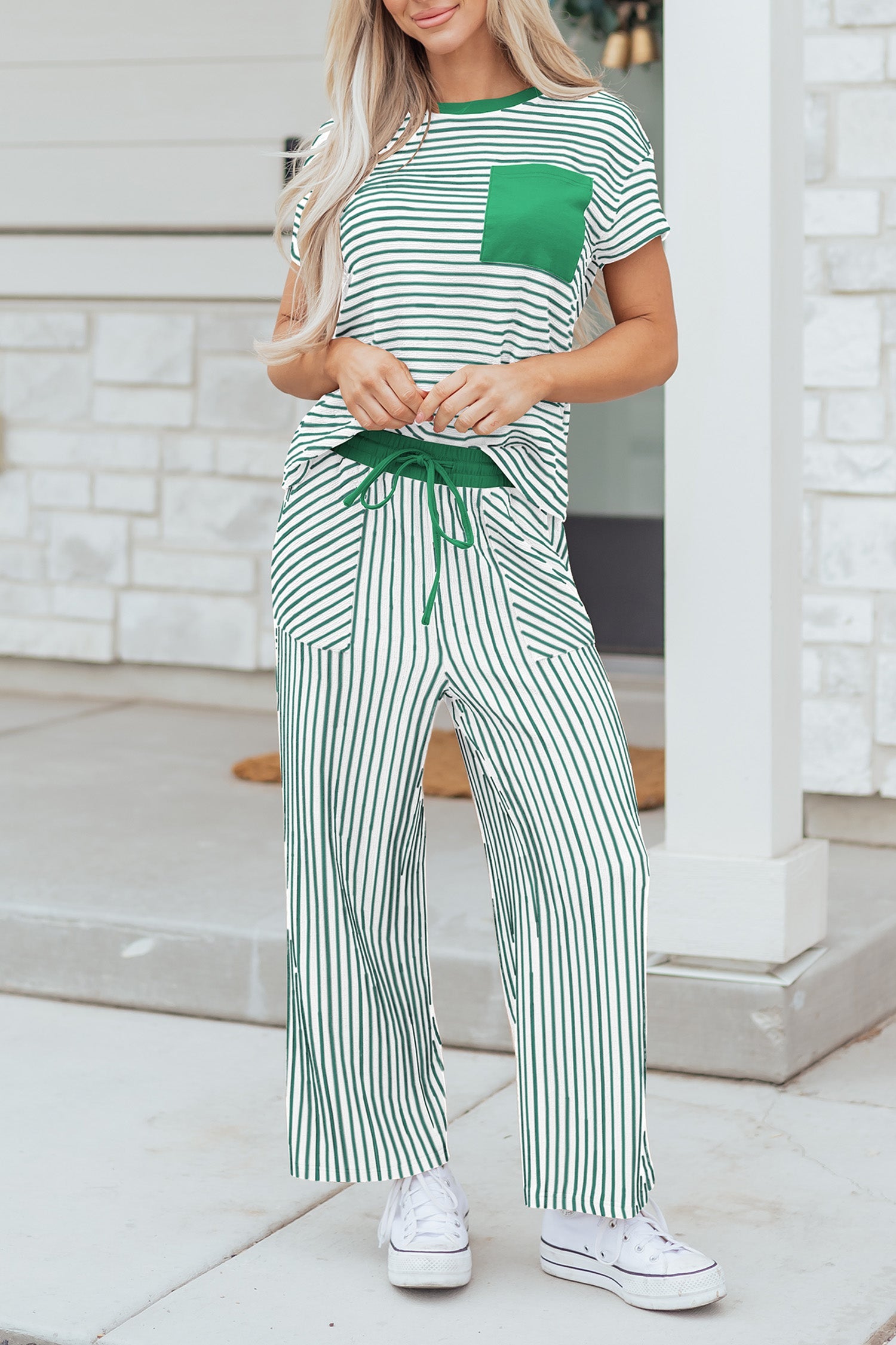 Tilly Stripe Tee & Pants Set - Green & White Casual Loungewear