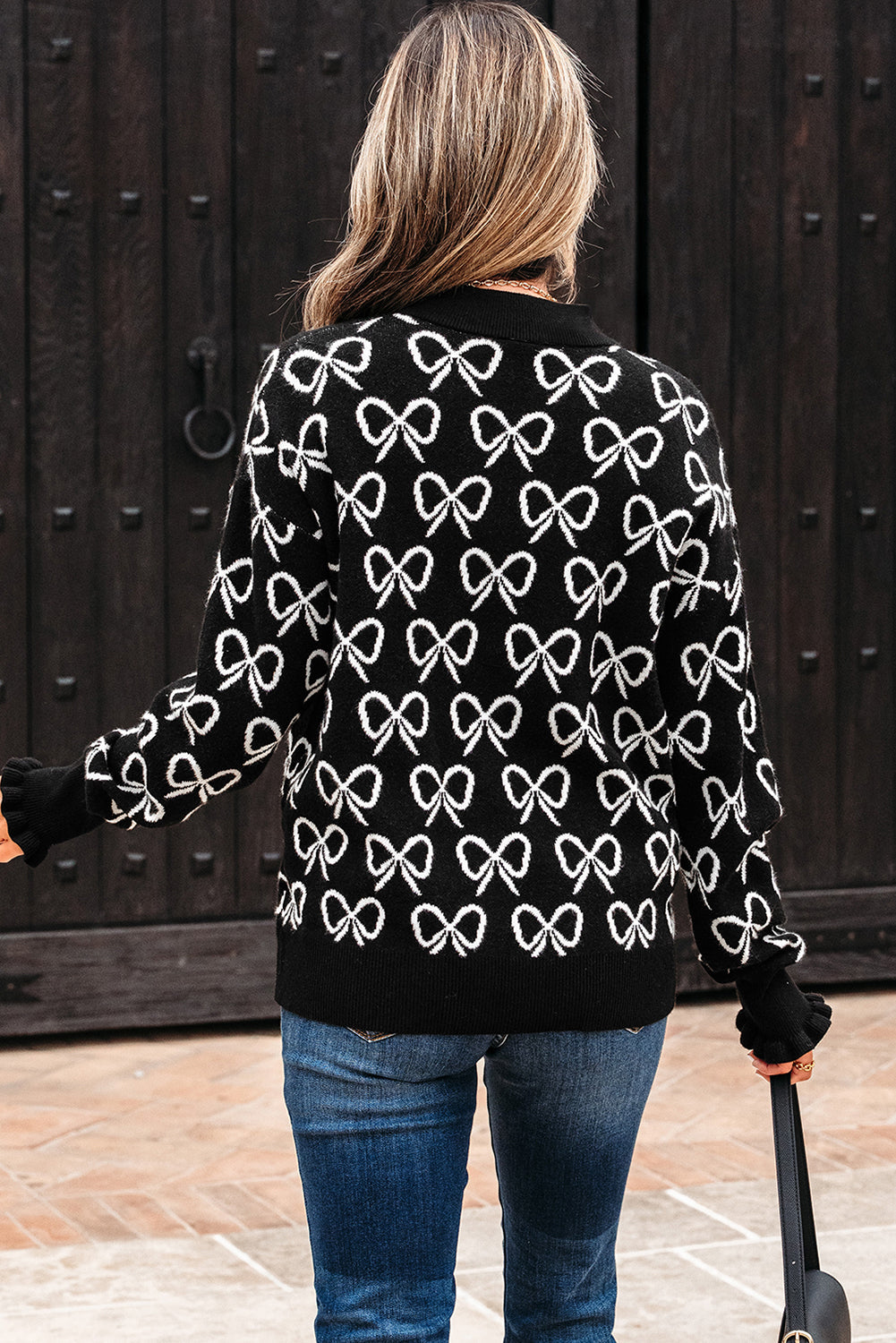 Bow Zipped Collar Drop Shoulder Sweater