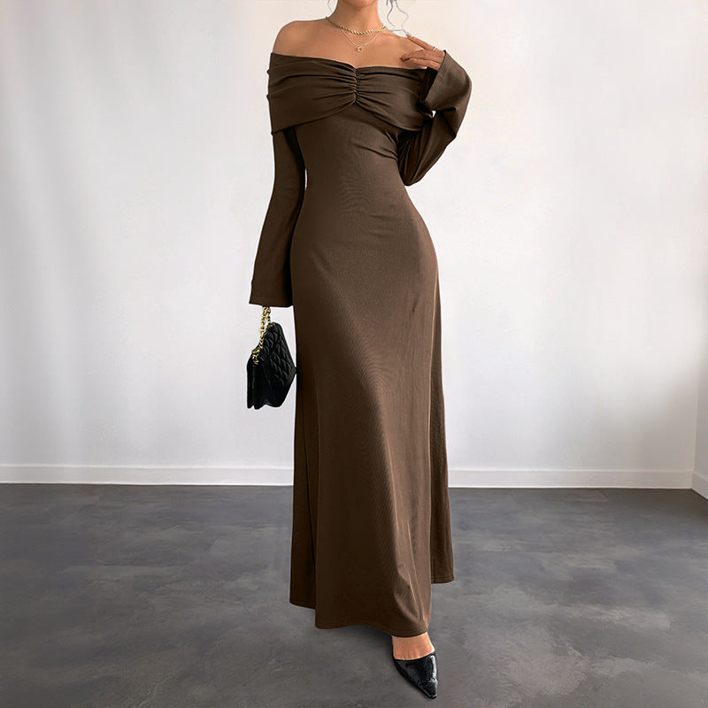 Coffee Brown Off-Shoulder Long Sleeve Knit Maxi Dress