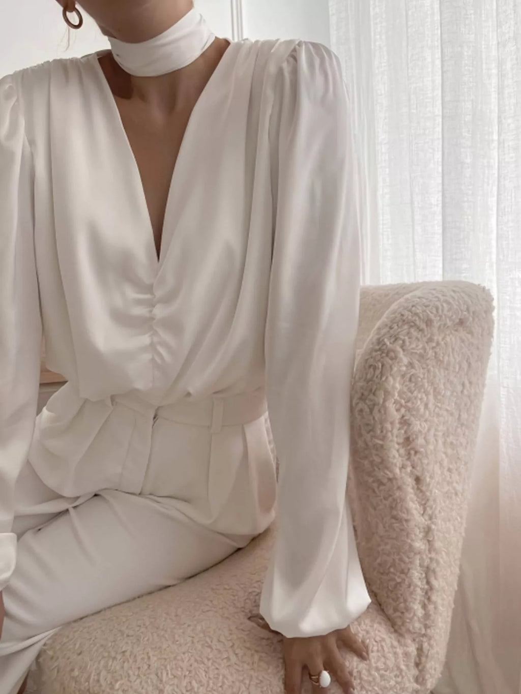 White V-Neck Ruched Long Sleeve Blouse Elegant Satin Style Top - Image 2