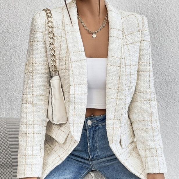 Women's White Windowpane Linen Blazer Jacket