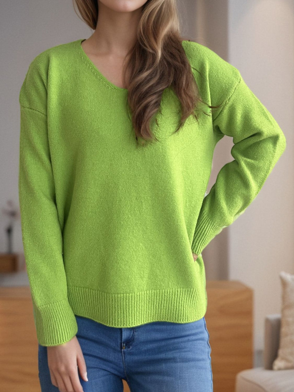 Women's V-Neck Dropped Shoulder Long Sleeve Knit Sweater - Image 8