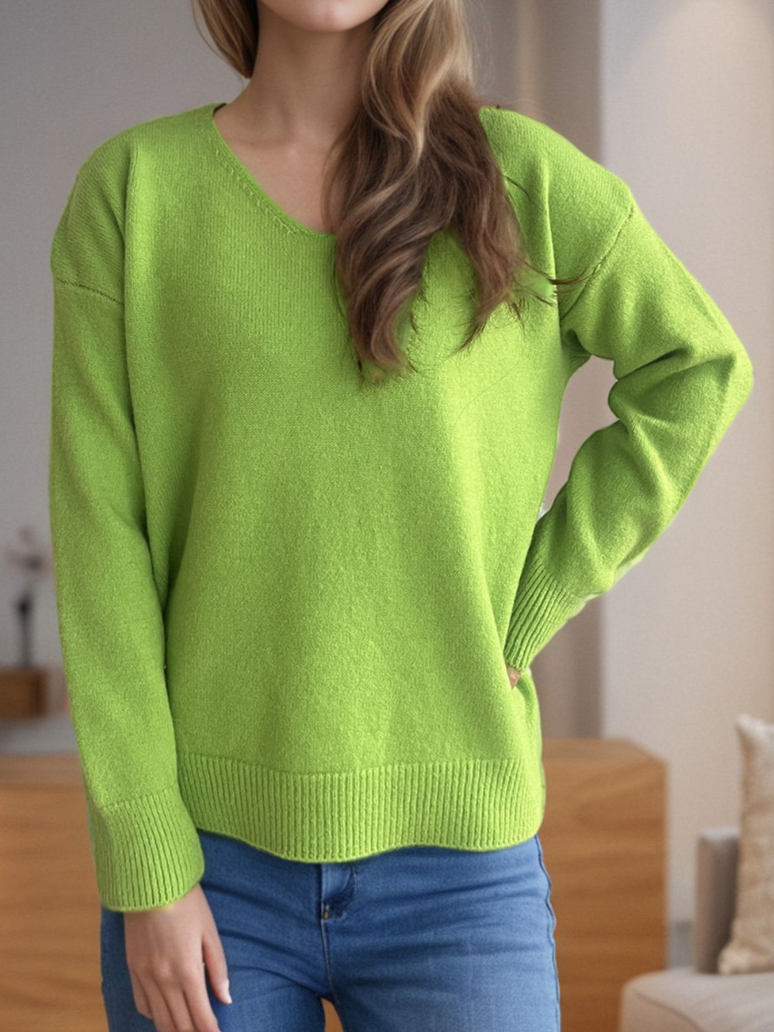 Women's V-Neck Dropped Shoulder Long Sleeve Knit Sweater - Image 8