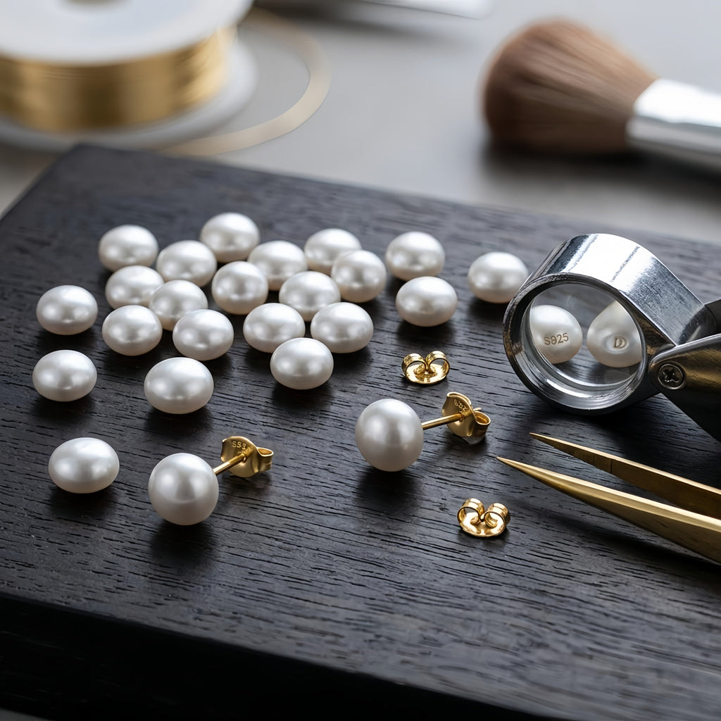 Classic White Pearl Stud Earrings in 925 Sterling Silver