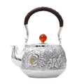 925 Sterling Silver Handcrafted Silver Floral Teapot with Red Agate Knob and Woven Handle - Handicraft