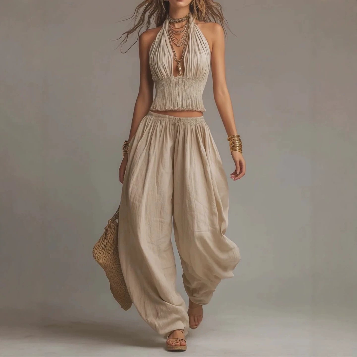 Model wearing a backless halter top and wide-leg linen pants set in beige.