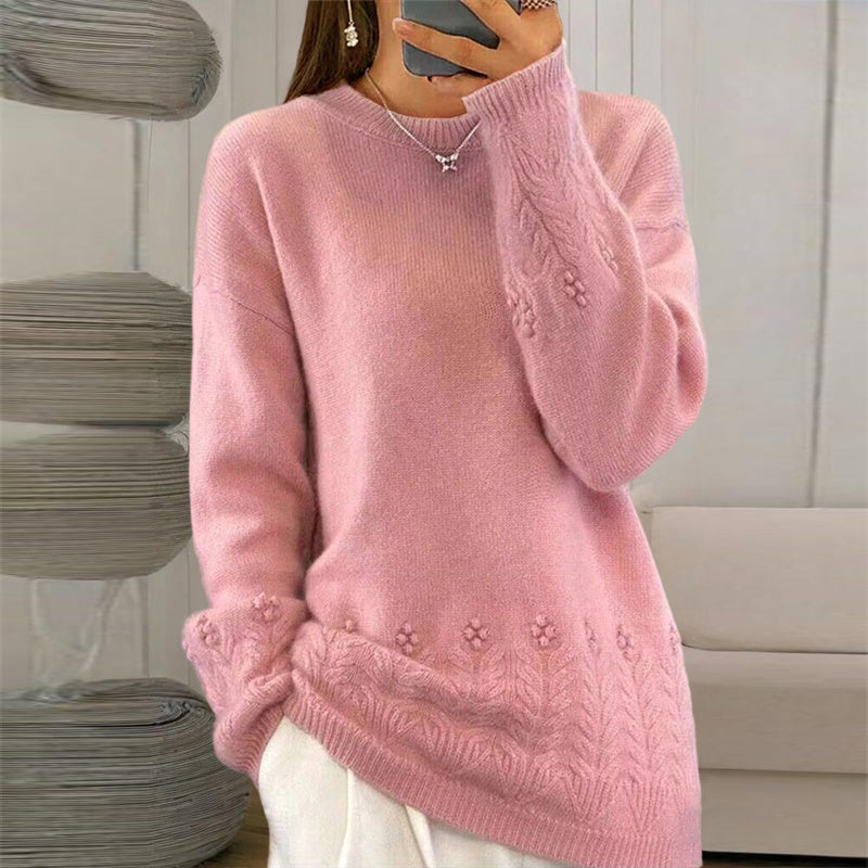 Women's Solid Color Crew Neck Sweater with 3D Floral Embroidery - Image 3