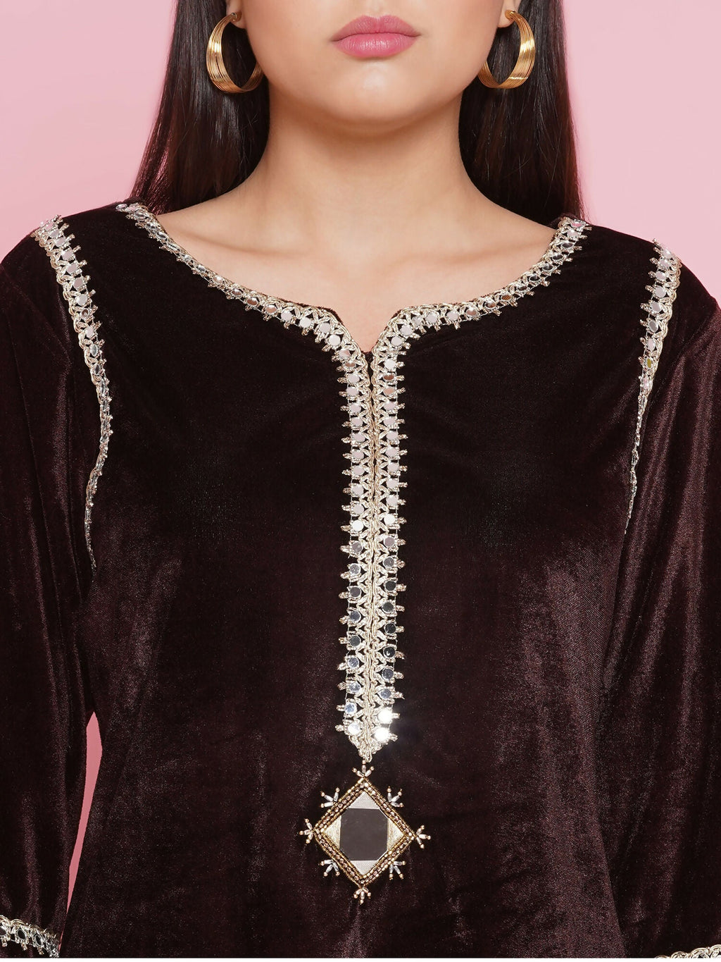 Brown Velvet Coord Set with Hand Embellished Mirror Work