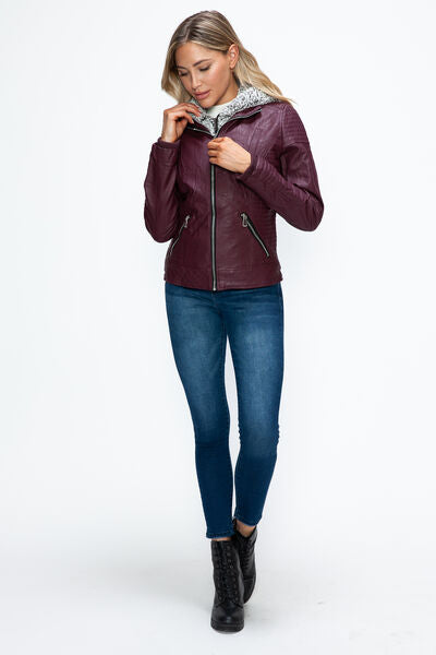 Dual-Zipper Layered Jacket with Fuzzy Hood in Burgundy and Grey