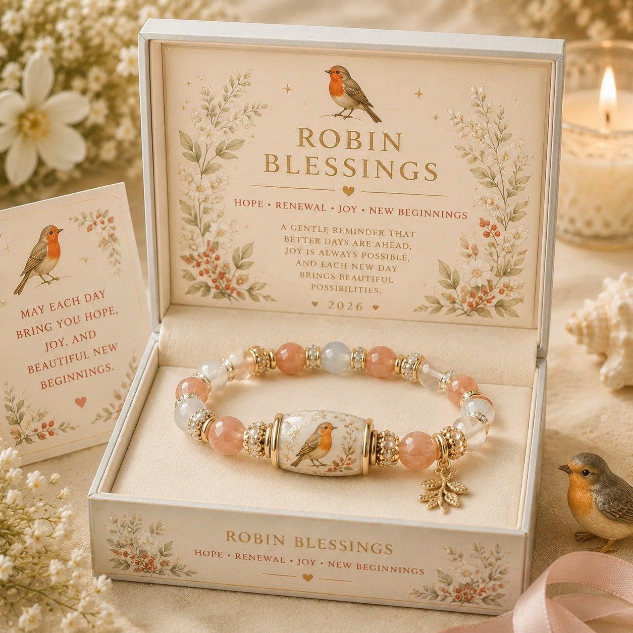 Close up of a gold-tone cross charm bracelet with white chalcedony inlay displayed on a clean surface.